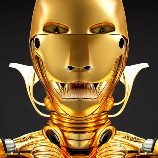 Image similar to Tall gold robotic alien creature portrait, dramatic lighting, very detailed, electrical details, high details, 4k, 8k, trending on artstation, by Hajime Sorayama and Paolo Eleuteri Serpieri