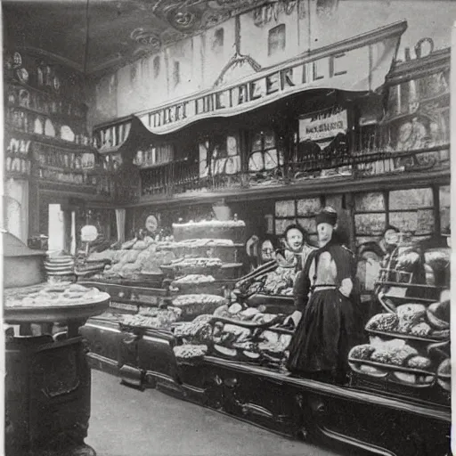 Image similar to nineteenth century, paris bakery interior, montmartre, photograph, style of atget, old, creepy