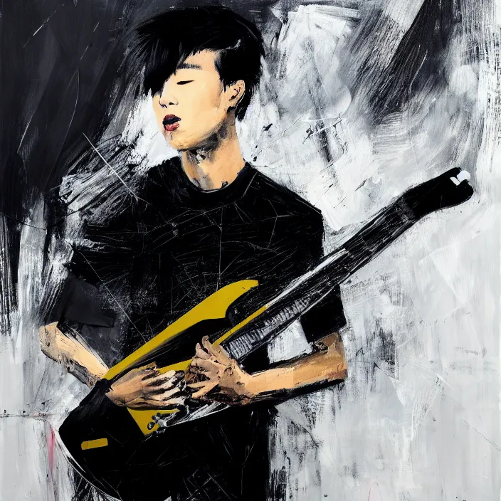 Prompt: large diagonal brush strokes, abstract dark painting of a young korean male musician wearing black tank top holding a telecaster!!! electric guitar!! in a dark room, thick flowing dramatic brush strokes, matte colors, abstract, impressionist, motion, trending on artstation