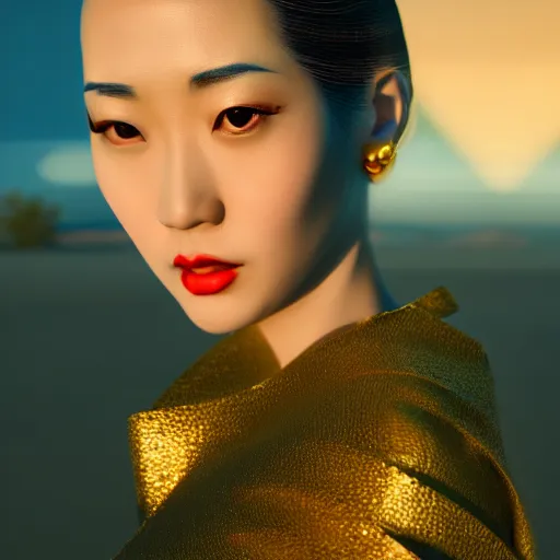 Image similar to innovative avant-garde art, deco fashion, asian women, highly detailed, photorealistic portrait, serene desert setting, golden hour, crisp quality and light reflections, unreal engine 5 quality render