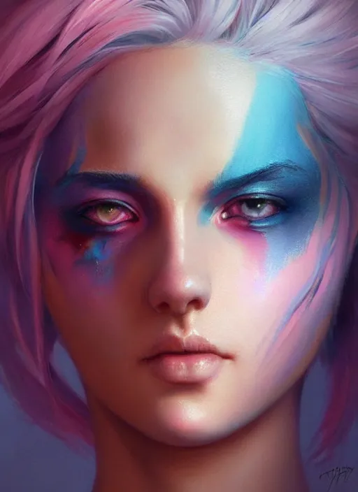 Prompt: girl with unkempt blue and pink hair, beautiful highly detailed face, complementary lighting, backlit, eyeshadow, divine, beautiful painting by artgerm and greg rutkowski and raymond swanland