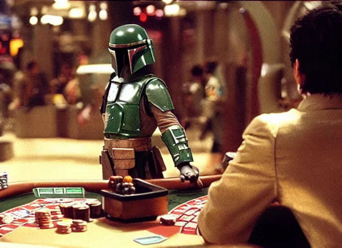 Image similar to film still of Boba Fett gambling in vegas in the Phantom Menace 1999