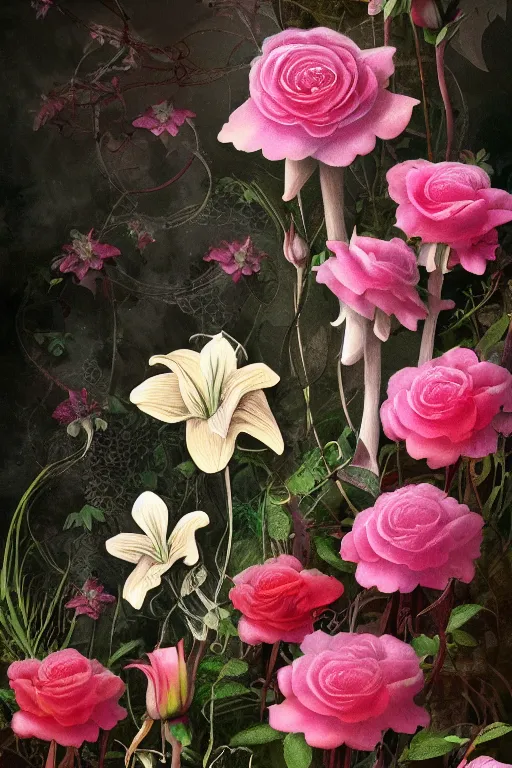 Image similar to beautiful digital matter cinematic painting of whimsical botanical illustration of roses and lilies mushrooms enchanted dark background, whimsical scene bygreg rutkowki artstation