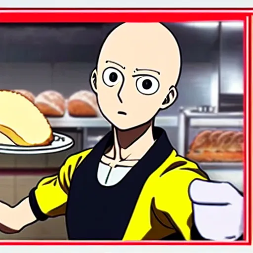 Image similar to saitama one punch man cooking long bread, bakery