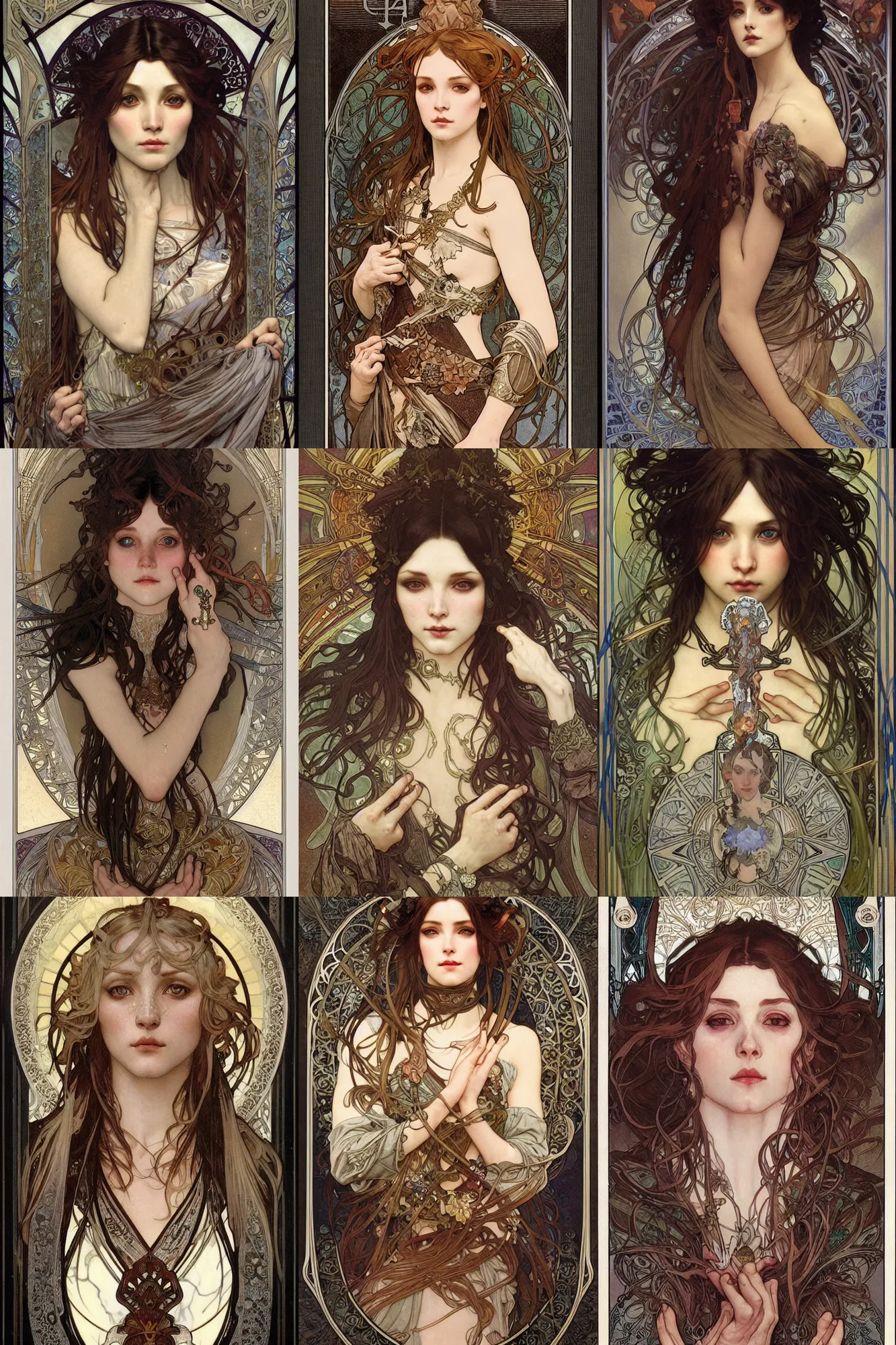 Prompt: realistic detailed face portrait of the Lloth (dark elf) by Alphonse Mucha, Ayami Kojima, Amano, Charlie Bowater, Karol Bak, Greg Hildebrandt, Jean Delville, and Mark Brooks, Art Nouveau, Neo-Gothic, gothic, playing card suit clubs, black clubs, playing cards, rich deep moody colors