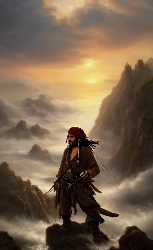 Image similar to a beautiful painting of jack sparrow in the style of wanderer above the sea of fog, featured on artstation