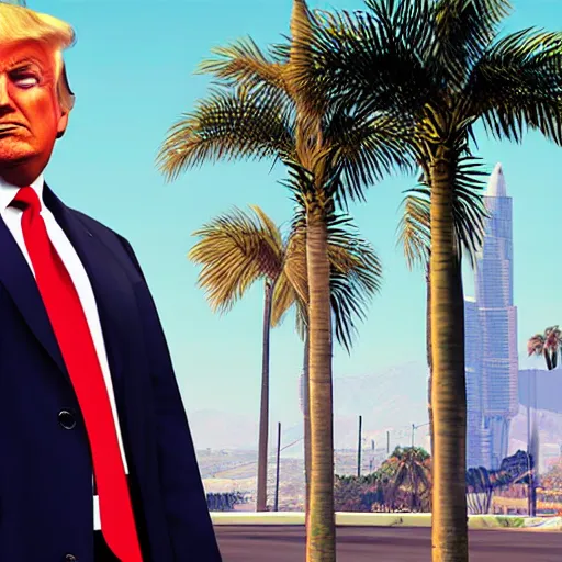 Prompt: Donald trump in GTA V . Los Santos in background, palm trees. in the art style of Stephen Bliss