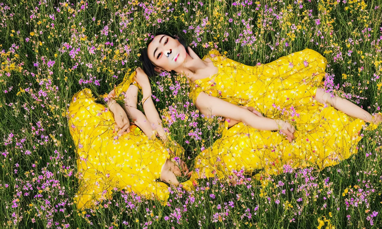 Prompt: a beautiful Asian woman lying in a field of wildflowers, wearing a yellow and white sun dress, close, dreamy