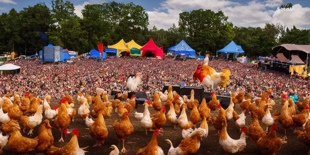 Prompt: music festival with chicken as audience and rooster band on stage. concert photography.