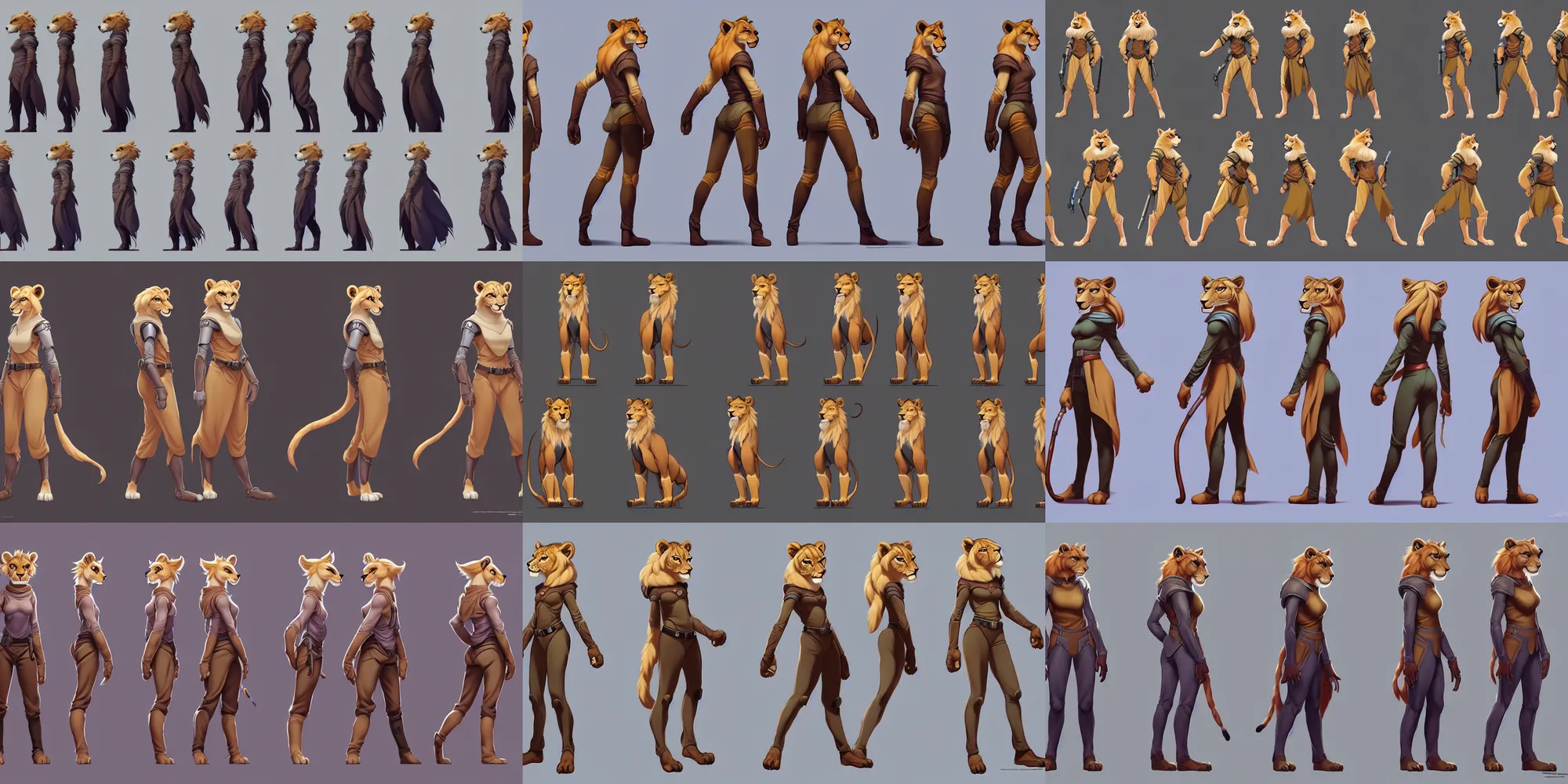 Prompt: beautiful full body portrait of a strong female anthropomorphic lioness fursona wearing jedi robes. character reference sheet with front, back and side profiles. character design by disney, anime, manga, charlie bowater, ross tran, artgerm, and makoto shinkai, detailed, soft lighting, rendered in octane