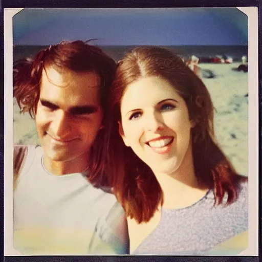 Image similar to found polaroid of my parents at the beach who look exactly like Anna Kendrick and Roger Federer