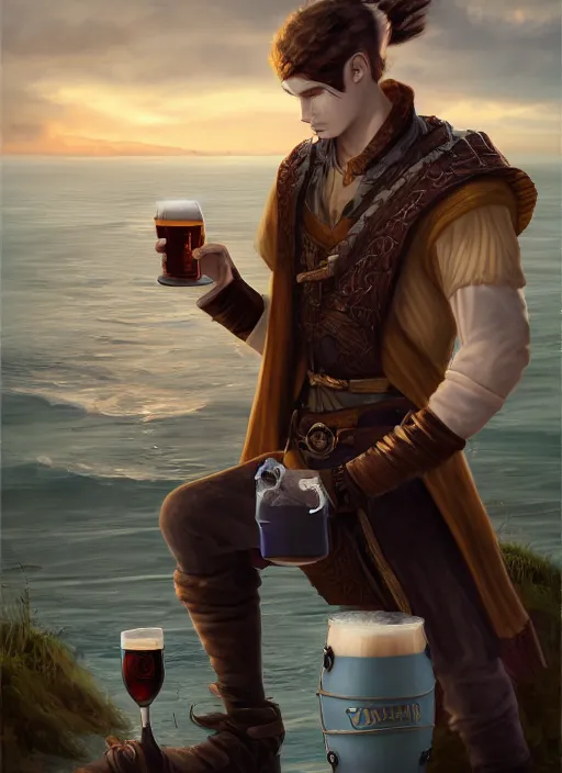 Image similar to young slim man, short black hair, pale, holding a tankard of ale, digital art, pathfinder, d & d, detailed, realistic, trending on artstation, sea in the background