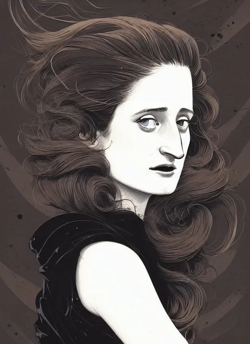 Image similar to highly detailed closeup portrait of beautiful grace gummer as dom dipierro, wavy ginger hair, black dress, by atey ghailan, by greg rutkowski, by greg tocchini, by james gilleard, by joe fenton, by kaethe butcher, gradient orange, black and white color scheme, grunge aesthetic!!! ( ( graffiti tag wall background ) )