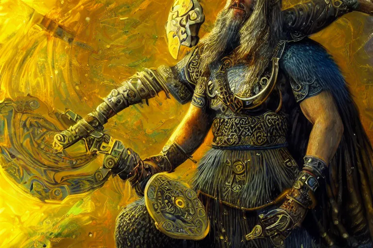 Prompt: mythological viking odin Shaman of artificial intelligence creating an artificial neural network, deep learning, with yellow synapses on an anvil, high resolution, award winning art, trending on art station, sharp image, incredibly detailed, detailed character realistic painting