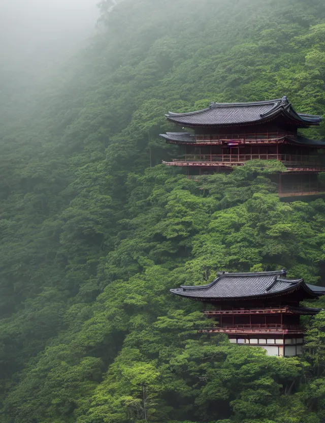 Prompt: a cinematic photo of an ancient japanese hot springs temple on the top of a mountain in a misty bamboo cloud forest