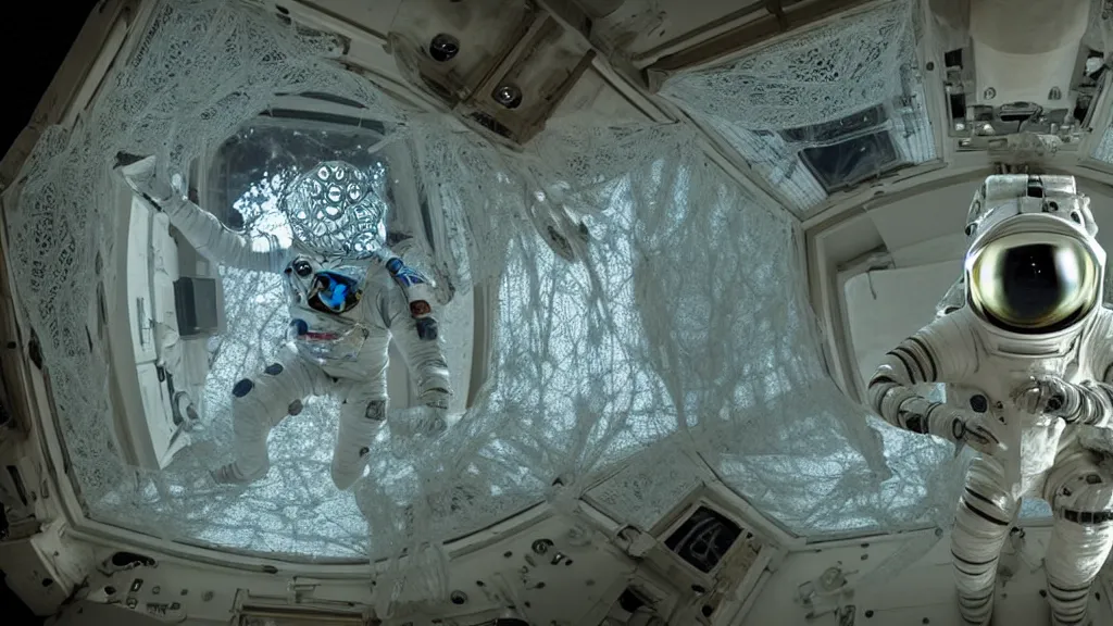 Image similar to a astronaut eva suit covered in diamond 3d fractal lace iridescent bubble 3d skin and covered with insectoid compound eye camera lenses floats through the living room, film still from the movie directed by Denis Villeneuve with art direction by Salvador Dalí, wide lens,