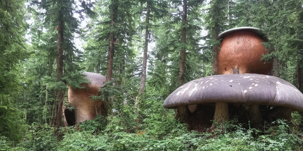 Prompt: tower residence made of an enormous mushroom, pacific northwest, round doors