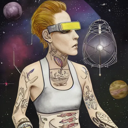 Image similar to detailed colorful watercolor of square - jawed emotionless serious blonde woman starship engineer, tribal tattoos, handsome, short slicked - back hair, sweating, uncomfortable and anxious, looking distracted and awkward, wearing victorian dark goggles, dirty white tank top, cargo pants, and gloves, small spacecraft in background, highly detailed, david mack, trending on artstation