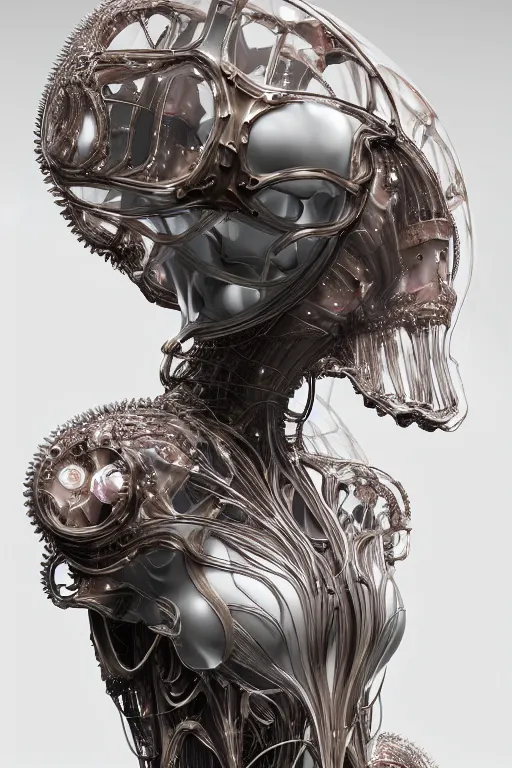 Image similar to iris van herpen baroque, perfect symmetrical body, helmet on face, full body shot, inflateble shapes, wires, tubes, veins, jellyfish, white biomechanical details, wearing epic bionic cyborg implants, masterpiece, intricate, biopunk, vogue, highly detailed, artstation, concept art, cyberpunk, octane render