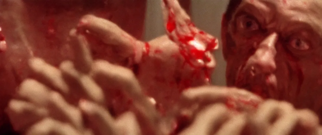 Prompt: filmic closeup dutch angle movie still 4k UHD 35mm film color photograph of a screaming horrified doctor looking down at his freshly amputated hand, where his wrist has been freshly severed, blood is gushing from the wound in the style of a 1980s horror movie