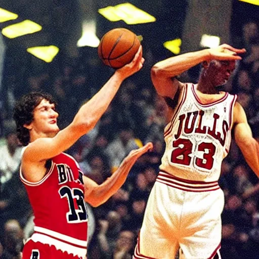 Image similar to frodo baggins blocking michael jordan, nba