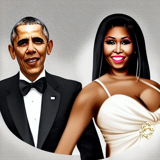 Prompt: nicki minaj marrying barack obama, highly detailed poster illustration