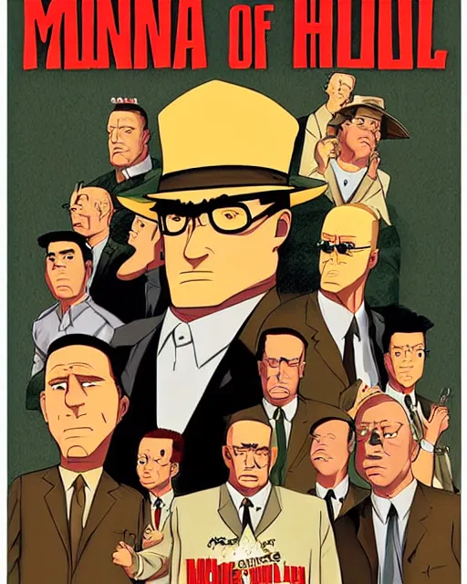 Prompt: a promotional poster for a mafia - themed king of the hill movie illustrated by robert mcginnis, poster design, king of the hill, dramatic, dramatic lighting, hank hill, dale gribble, boomhauer, bill dauterive, john redcorn