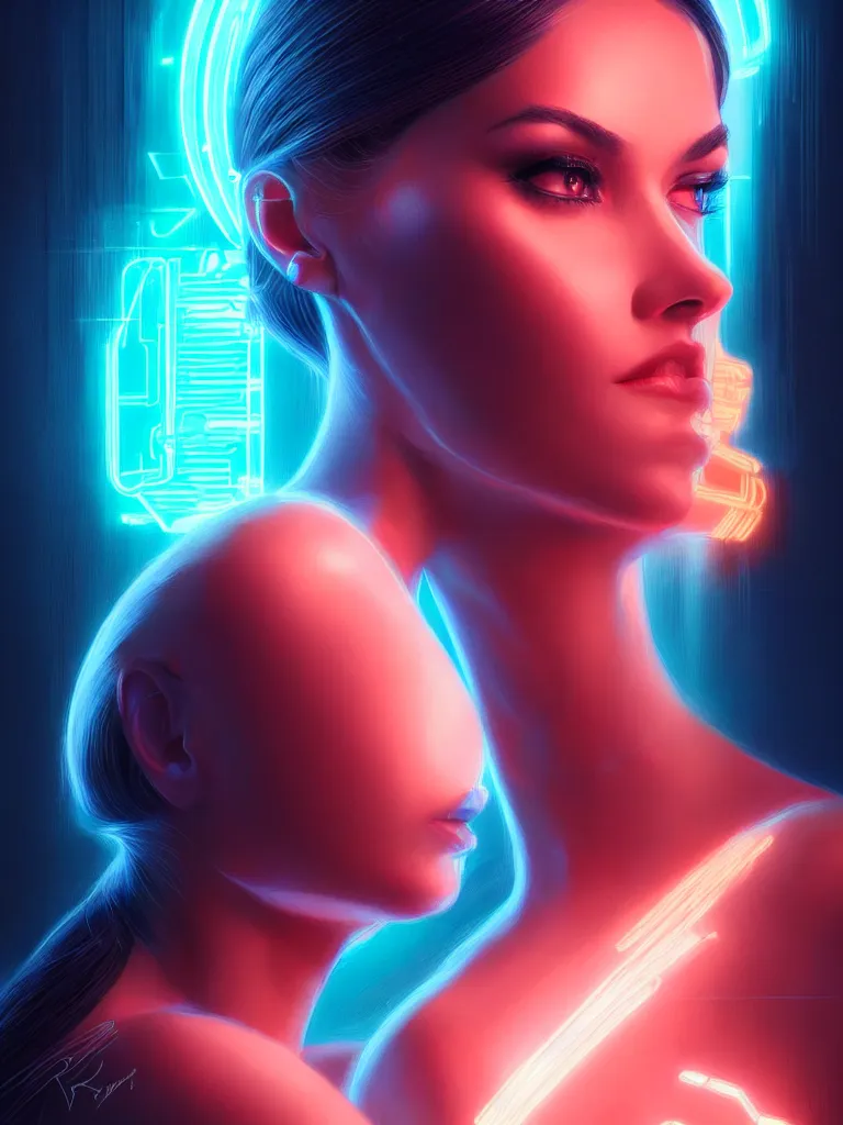 Image similar to portrait of female humanoid from 6 0 s era, intricate, elegant, cyber neon lights, highly detailed, digital painting, artstation, glamor pose, concept art, smooth, sharp focus, illustration, art by artgerm and greg rutkowski