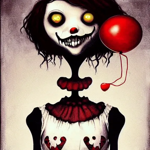 Prompt: grunge painting of creepy pasta with a wide smile and a red balloon by chris leib, loony toons style, pennywise style, corpse bride style, horror theme, detailed, elegant, intricate