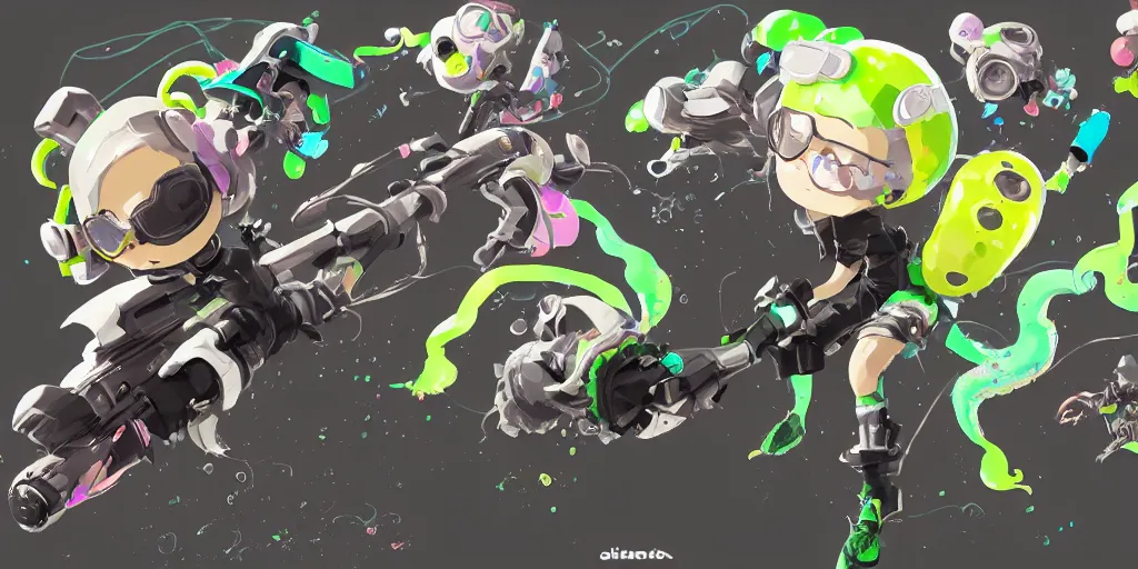 Prompt: splatoon nintendo one character digital painting no blur, concept art, character sheet nier automata 2 d, yoji shinkawa, yoshitaka amano, tsutomu niehi, cyberpunk, trending on artstation, featured on pixiv, hyper detail, cinematic composition, 8 k