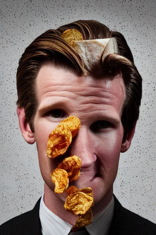 Image similar to 📷 matt smith the bag of smith's crisps, made of food, head portrait, dynamic lighting, 4 k