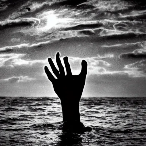 Prompt: stranded ship, hands reaching up from the sea, creepy, deep blue sea, dread