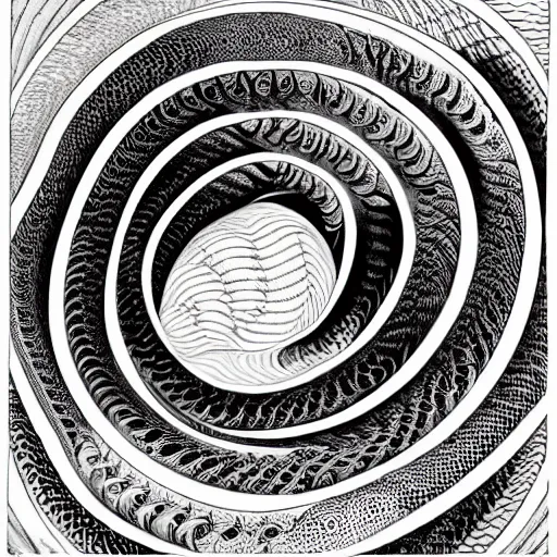 Image similar to a whirlpool of eels by mc escher, black and white, highly detailed, symmetric