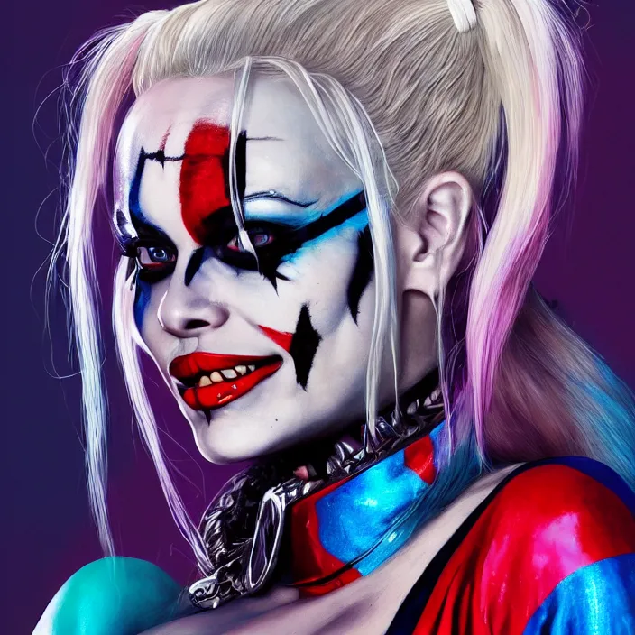 Image similar to portrait of Pamela Anderson as a harley quinn in Suicide Squad. intricate abstract. intricate artwork. by Tooth Wu, wlop, beeple, dan mumford. octane render, trending on artstation, greg rutkowski very coherent symmetrical artwork. cinematic, hyper realism, high detail, octane render, 8k, iridescent accents