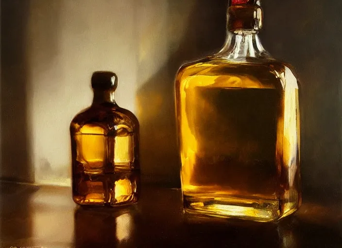 Image similar to oil painting of whiskey bottle, art by anders zorn, wonderful masterpiece by greg rutkowski, beautiful cinematic light, american romanticism by greg manchess, reflections in copper, sunlight, dust and steam