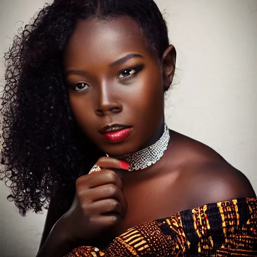 Image similar to Photo of a African woman ,bold, self confidence, cinematic, light makeup focus