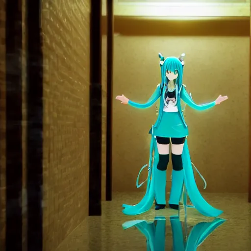 Image similar to hatsune miku in the liminal space, backrooms, high quality photo
