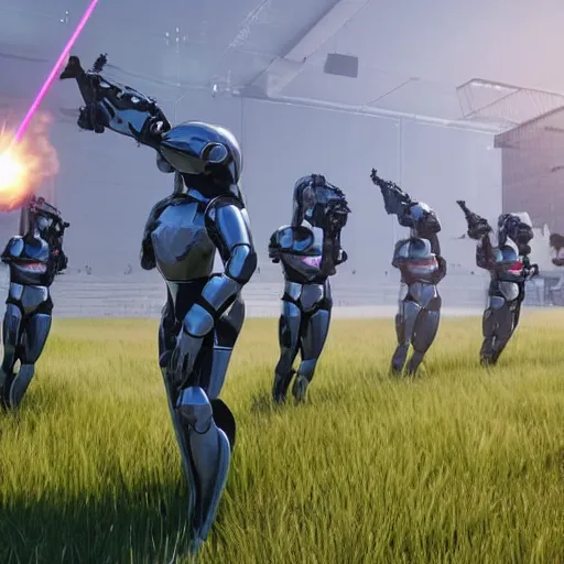 Prompt: british royal guard androids firing lasers, futuristic look, highly detailed body, very powerful, photorealistic camera shot, crisp quality and light reflections, unreal engine 5 quality render