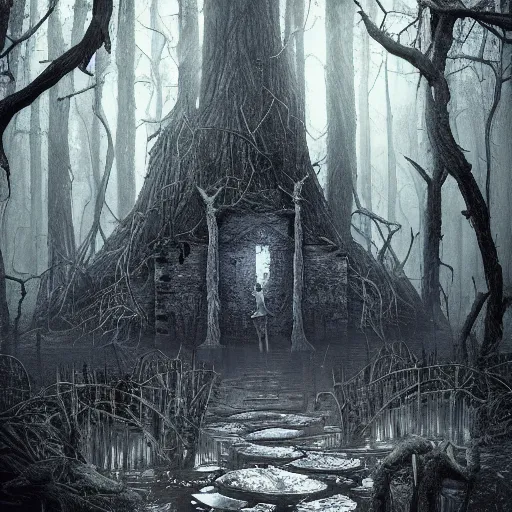 Image similar to mystical magic school in haunted swamp surrounded by dense forest with vines, creepy ambiance, desaturated, highly detailed, sharp focus, by artgerm, cgsociety