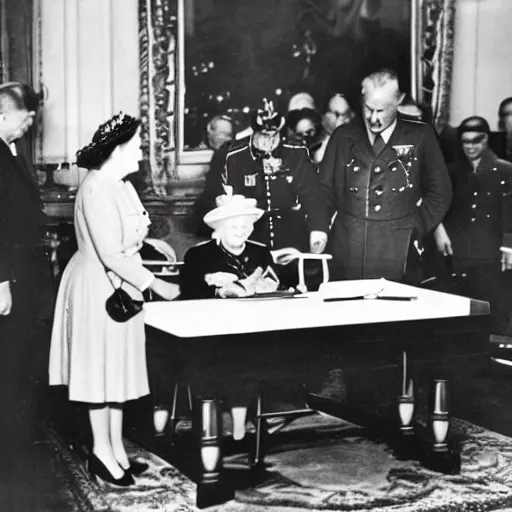 Image similar to ultra wide 1 9 4 6 historical photo 8 5 mm of a single german general signing a peace treaty, a young queen elizabeth holds a corgi and watches the general sign the treaty, french village interior, highly detailed, sharp focus