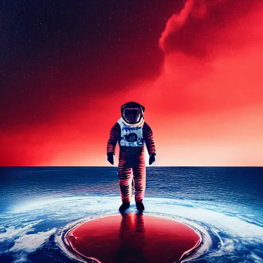 Image similar to an astronaut emerging from an ocean of red water, otherwordly sky, cinematic shot, 35mm, photography, High definition, 8k, detailed, deprh of field, photorealistic, epic atmosphere