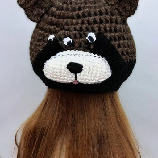 Image similar to a crocheted raccoon hat, very detailed animal hat, cute details, product photo, promotional image