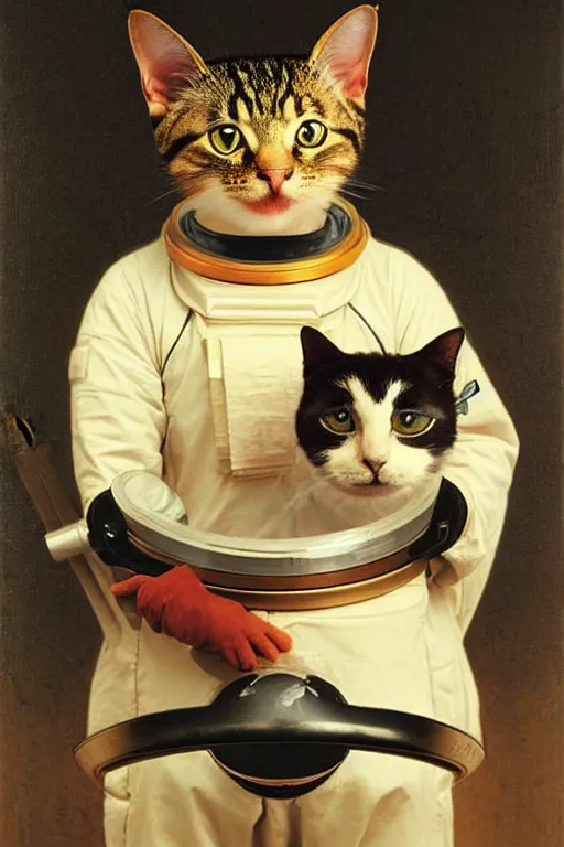 Prompt: portrait of a cat astronaut with japanese armor and helmet, by bouguereau