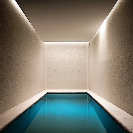 Image similar to a dimly lit underground pool made of white stone, surreal, liminal, eerie, minimalist, photo,