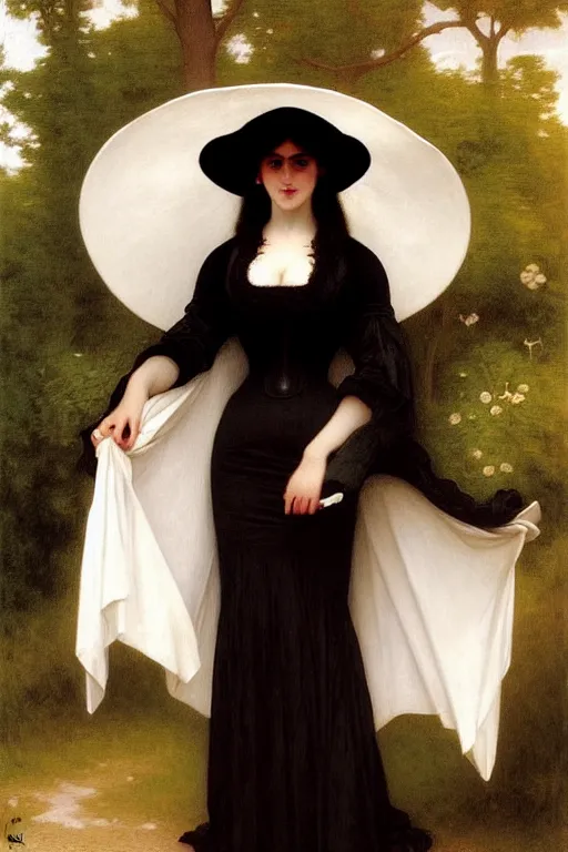 Image similar to victorian vampire in a big black hat, white dress, painting by rossetti bouguereau, detailed art, artstation