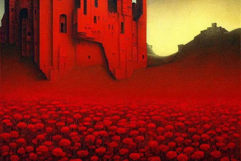 Image similar to only with red, red flowers, a red tiger, a castle in the background, medieval demons, an ancient path, in the style of beksinski, part by hopper, part by rodcenko, part by hofbauer, intricate composition, red by caravaggio, insanely quality, highly detailed, masterpiece, red light, artstation