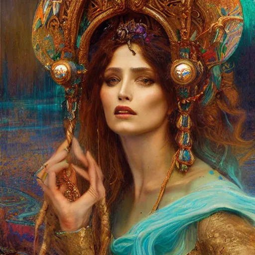 Image similar to artstation, intricate detail, by gaston bussiere, tan skin, lady of elche, egyptian sumerian features, techno mystic dominatrix goddess intergalactica, inanna with aqua neon rapunzel dreadlocks,