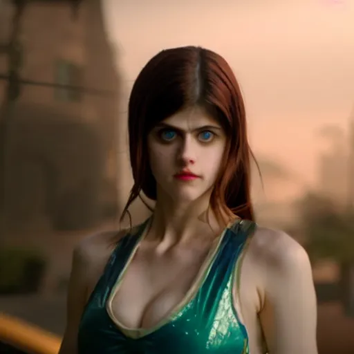 Image similar to cinematic scene with alexandra daddario as jolyne from jojo's bizarre adventure, live action film, stone ocean, dramatic, small details, volumetric lighting, still frame