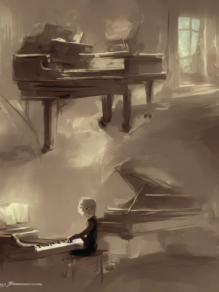 Prompt: playing piano by disney concept artists, blunt borders, rule of thirds