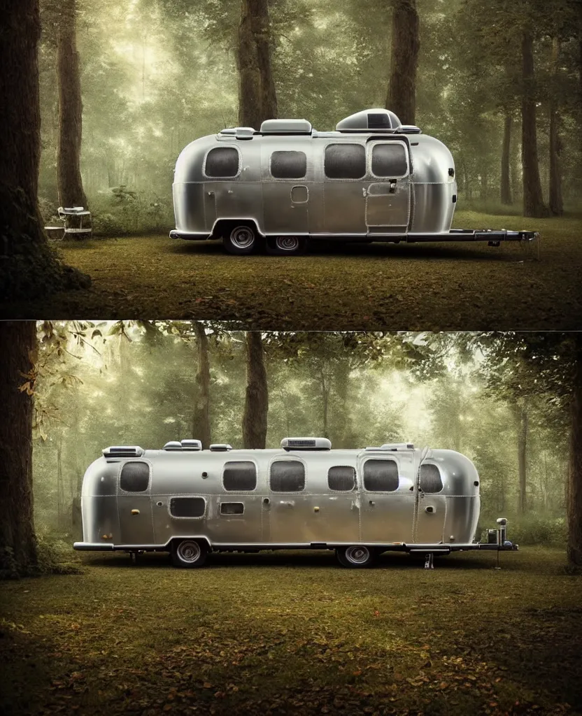Image similar to image of a sylish vintage airstream camper in magical forest, photorealistic, digital painting, artstation, intricate artwork by Tooth Wu and wlop and beeple. octane render, trending on artstation, greg rutkowski very coherent symmetrical artwork. cinematic, hyper realism, high detail, octane render, 8k